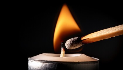Close Up Of A Burning Matchstick Igniting A Dimly Lit Candle Casting Dramatic Shadows On A Dark Background The Flame Flickers Creating A Warm Inviting Glow Close Up Inviting Glow