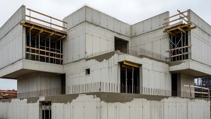 Modern concrete house under construction with rebar and timber framework