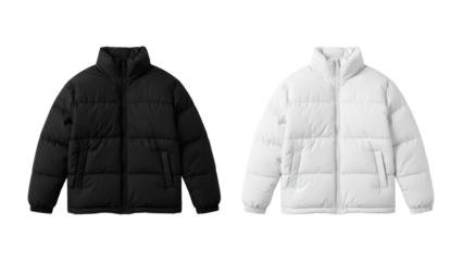 Elevate your winter style with these two chic puffer jackets in sleek black and crisp white, perfect for braving the cold in comfort and fashion.