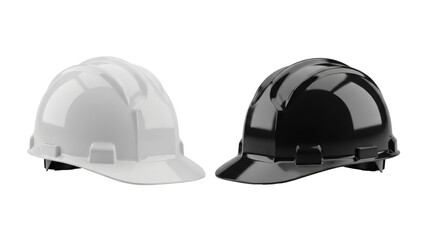 Fototapeta premium Shiny white and black hard hats for construction site safety and protection