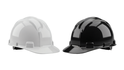 Shiny white and black hard hats for construction site safety and protection