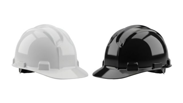Shiny white and black hard hats for construction site safety and protection - Powered by Adobe