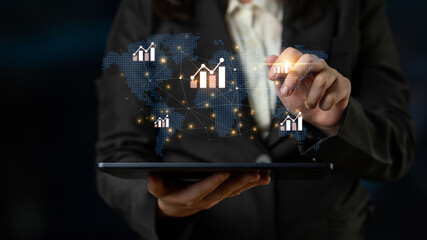 Visualization of global economic growth and stock market data. Financial chart analysis shows international business performance and investment opportunities in the world market. Fermion