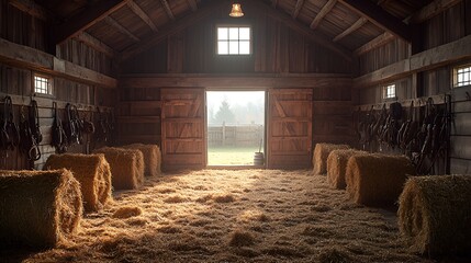 Sunlit rustic barn interior with hay bales and tack.