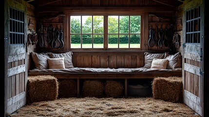 Rustic wooden stable tack room with hay, bench, and window view.