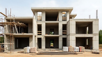 Ongoing residence construction with scaffolding under a cloudy sky view