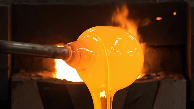 Molten Orange Glass Being Shaped on a Metal Rod in a Fiery Furnace with Intense Heat and Glowing Embers During Artisanal Craftsmanship Close Up Shot