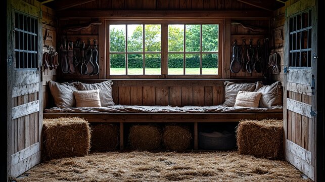 Rustic wooden stable tack room with hay, bench, and window view.