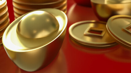 Luxury Golden Chinese Ingots and Coins on Red Background 3d render.