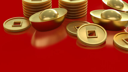 Luxury Golden Chinese Ingots and Coins on Red Background 3d render.