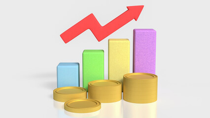 Financial Profit Growth Concept with Stacked Coins Bar Chart and Rising Arrow 3d render.