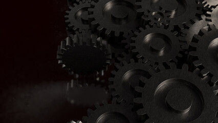 Dark Industrial Metal Gears Concept for Engineering Technology and Mechanical Systems 3d render.