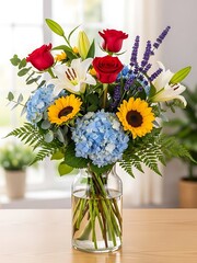 Radiant floral arrangement with roses, sunflowers, lilies, and hydrangeas