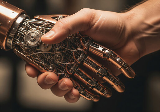 Human hand shaking vintage copper robotic hand connection concept close up.