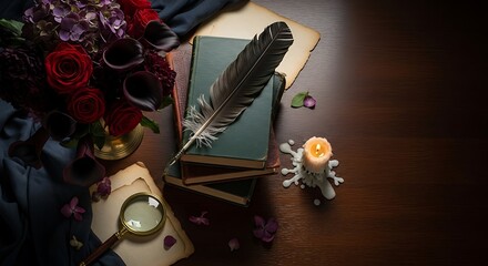 Refined desktop tableau featuring books, quill, candle and floral bouquet