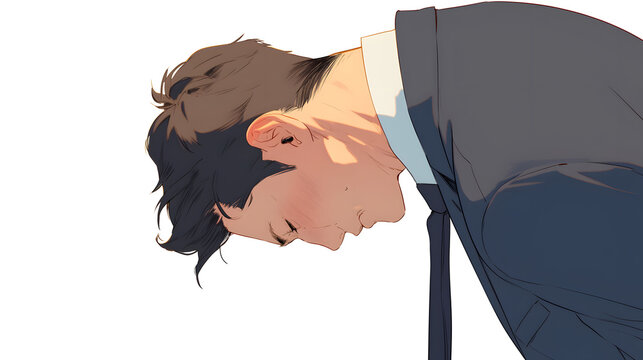 白背景で深くお辞儀をして謝罪するスーツ姿の日本人ビジネスマンの横顔　失敗と反省のアニメ風イラスト