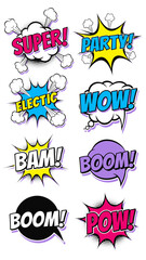 Obraz premium Vibrant Comic Speech Bubbles Explode with Energetic Onomatopoeias in a Dynamic Illustration Style