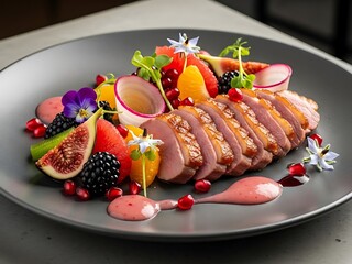 Seared duck breast with fruit salad, a modern gastronomic marvel dish