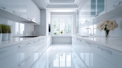自然光に包まれた白いモダンキッチンの洗練されたインテリア空間