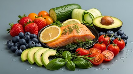 Salmon with vibrant fresh vegetables, healthy vibrant food background