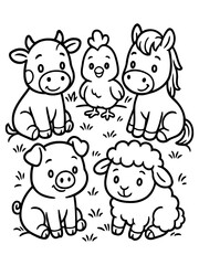 Obraz premium Farm Friends: A collection of adorable farm animals come together in a heartwarming scene, perfect for educational resources, playful designs, and children's content.