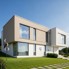 Serene Modern Home with a manicured Lawn and a Clear Blue Sky above