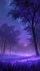 Fototapeta premium Mystical purple and blue forest landscape with glowing fireflies under starry night sky creating magical and serene atmosphere