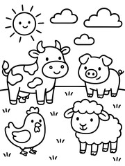 Obraz premium Farm Friends Illustration: A cheerful farm scene depicts a delightful cow, a playful pig, a fluffy sheep, and a quirky chicken basking under a smiling sun and fluffy clouds.