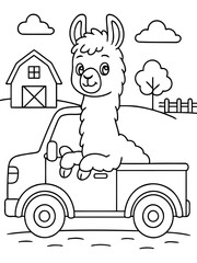 Obraz premium Llama on Truck: A whimsical black-and-white illustration of a llama perched playfully in a pickup truck, against a backdrop of a barn, clouds and a tree. 