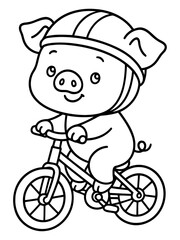 Obraz premium Cycling pig: A delightful black-and-white illustration of a cheerful pig happily cycling on a bicycle, wearing a safety helmet. The scene radiates fun, safety, and outdoor activity.