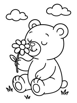 Bear smelling flower, drawing style: An endearing bear, brought to life through simple, elegant lines, gently sniffs a delicate flower. A charming depiction of nature's simple pleasures.