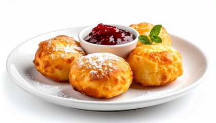 Fototapeta premium Golden fried donuts topped with powdered sugar and jam
