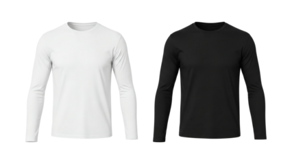 High-quality long sleeve crew neck t-shirts in white and black, perfect for product display, advertising, and editorial use.