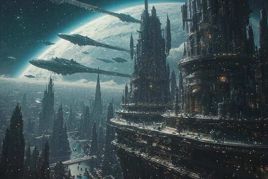 Jagged Dark Spires Rising Above a Snowy Space Landscape
