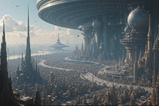 Massive Circular Disk Platform Floating Above a Crowded City
