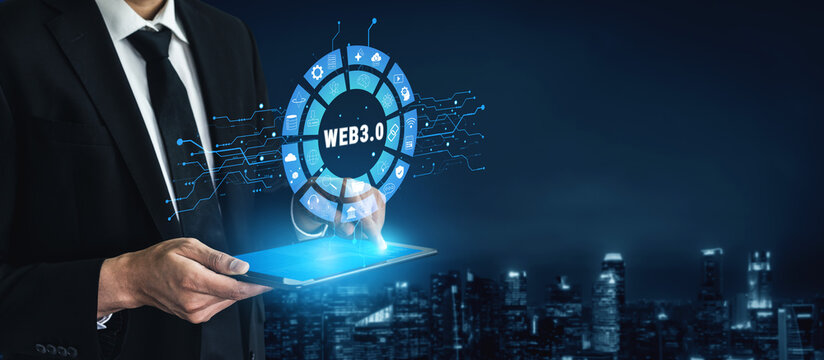 The Web 3.0 technology ecosystem and its digital applications. An interface showcasing the various components of the next generation internet. Motif - Powered by Adobe
