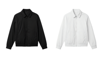 High-quality image of two zip-up jackets, one black and one white, perfect for fashion and apparel marketing