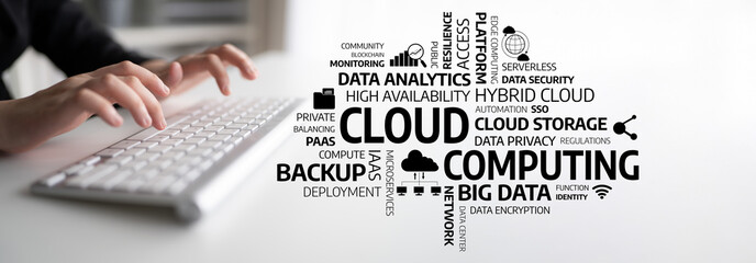 Close-up of hands typing on a keyboard with abstract cloud computing terms surrounding it, illustrating modern data management and technology concepts for business. Tessel