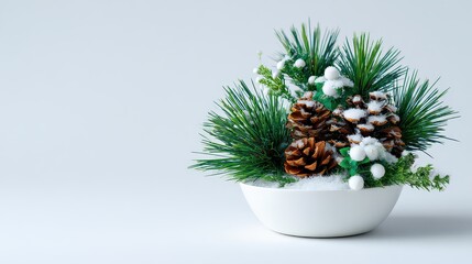 Festive Christmas Arrangement in White Bowl with Pine Cones and Snow on White Background
