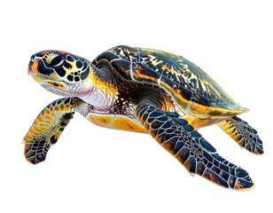 Fototapeta premium Close-up view of a sea turtle swimming on a black background, showcasing intricate shell patterns