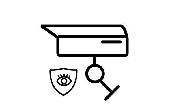 Privacy Monitoring line animation. CCTV surveillance camera with a watchful eye and shield for privacy protection and constant security monitoring.