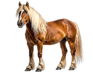 Obraz premium Majestic chestnut draft animal with flowing mane and tail, standing against a dark background