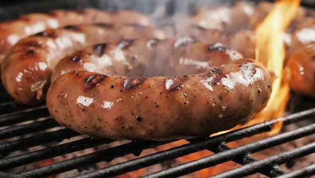 Grilled Sausage Ring with Flames on BBQ