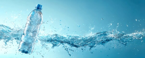 Basic plastic water bottle with dynamic twist of blue splash. Energetic pour of liquid, drink mockup for design with hydration concept. Banner with copy space