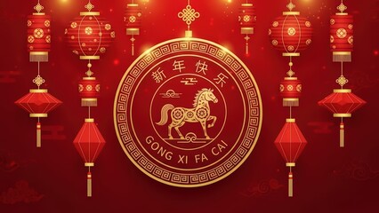 Festive Chinese New Year Background with Horse Zodiac and Array of Glowing Lanterns