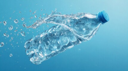 Basic plastic water bottle with dynamic twist of blue splash. Energetic beverage mockup for product advertisement, clean fluid concept.