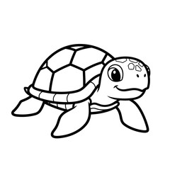 Cute green turtle with a brown shell walking slowly on a white background