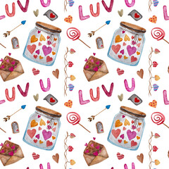 Watercolor Valentine's Day pattern. Seamless Valentine's Day pattern. Watercolor pattern. 