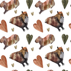 Seamless watercolor pattern with capybaras. Capybara pattern. Watercolor capybara. Watercolor pattern.