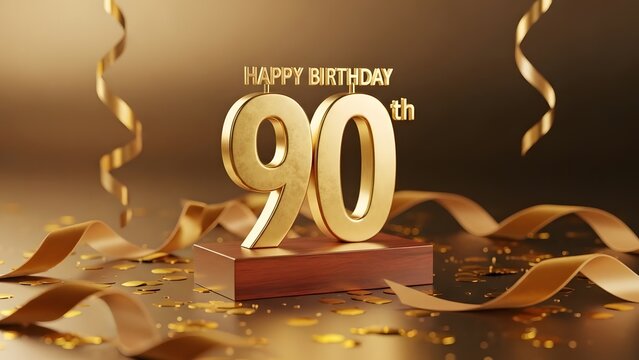 Golden 90th Happy Birthday Celebration Banner with Ribbons and Confetti